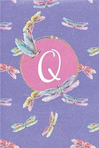 Q: Dragonfly Journal, personalized monogram initial Q blank lined notebook - Decorated interior pages with dragonflies