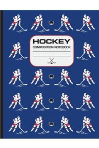 Hockey Composition Notebook: 120 page writing notebook, wide ruled. Glossy softcover, perfect bound. Hockey pattern on the cover.