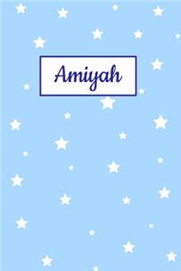 Amiyah: Personalized Name Journal. Wide Ruled (Lined) Writing Diary, Composition Book. Baby Blue Star Cover for Girls, Kids and Teens