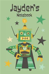 Jayden's Notebook: Cool Personalised Robot Illustration 6x9 Lined Notebook for Boys, 120 Pages