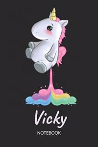 Vicky - Notebook: Blank Ruled Personalized & Customized Name Rainbow Farting Unicorn School Notebook Journal for Girls & Women. Funny Unicorn Desk Accessories for Kin