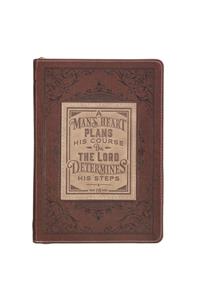 Classic Faux Leather Journal a Man's Heart Proverbs 16:9 Bible Verse Brown Inspirational Notebook, Lined Pages W/Scripture, Ribbon Marker, Zipper Closure