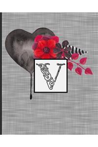 V: Monogram Initial Letter "V" Lined Journal - Black Heart Gray with Gothic Floral Design