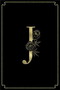 J: Letter J Initial Personalized Monogram Notebook - Gold Flower Ornament Frame on Black College Ruled Notebook, Writing Pad, Journal or Diary for Kids