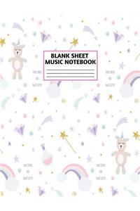 Blank Sheet Music Notebook: Cute Unicorn Matte Cover Design with 110 Pages White Paper Interior for Musician Students and Professionals Playing Piano, Ukelele, Mandolin and oth