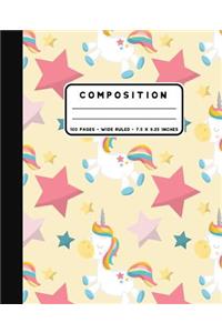 Composition: Prancing Unicorn With Stars Notebook Wide Ruled at 7.5 x 9.25 Inches 100 Pages For School, Kids, Students and Teachers