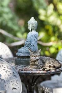Zen Kitty on Patio Table with a Buddha Statue in the Garden Journal