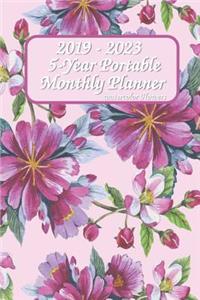 2019 - 2023 5-Year Portable Monthly Planner Watercolor Flowers 6x9