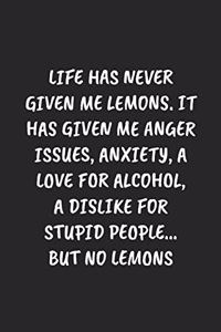 Life Has Never Given Me Lemons. It Has Given Me Anger Issues, Anxiety, a Love for Alcohol, a Dislike for Stupid People... But No Lemons
