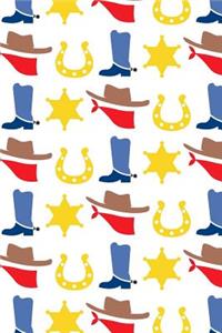 Cowboy: 150 Lined/Ruled Journal Pages Planner Diary Notebook with Country Western Southern Image of Boots, Spurs, Hat and Horseshoe in Red & Blue Pattern Design on the Cover