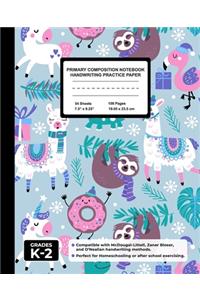 Primary Composition Notebook Handwriting Practice Paper: Sloth, Unicorn and Llama Blank Writing Sheets for Kindergarten to 2nd Grade Elementary Students, School Exercise Book for Kids