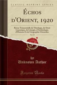 Ã?chos d'Orient, 1920, Vol. 19: Revue Trimestrielle de ThÃ©ologie, de Droit Canonique, de Liturgie, d'ArchÃ©ologie, d'Histoire Et de GÃ©ographie Orientales (Classic Reprint)