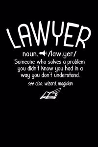 Lawyer noun. /law.yer/ Someone Who Solves A Problem You Didn't Know You Had In A way You don't Unterstand See Also