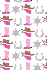 Cowgirl: 150 Lined/Ruled Journal Pages Planner Diary Notebook with Country Western Southern Image of Boots, Spurs, Hat and Horseshoe in Pink & Gray Pattern Design on the Cover