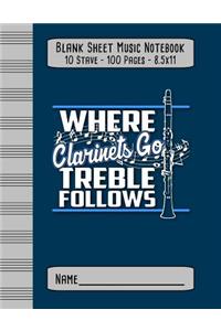 Blank Sheet Music Notebook - Where Clarinets Go Treble Follows