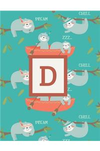 D: Letter Cute Sloth Animal Monogrammed 2020 Weekly Planner - January 2020 - December 2020 (8.5"x11")