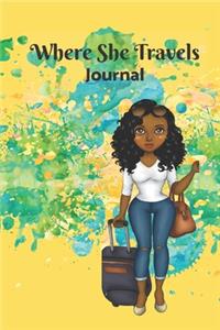 Where She Travels - (6x9 lined journal paint splatter yellow blue cover)