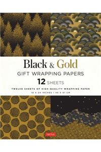 Black & Gold Gift Wrapping Papers - 12 Sheets