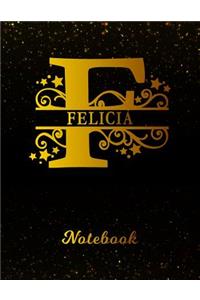 Felicia Notebook: Letter F Personalized First Name Personal Writing Notepad Journal Black Gold Glittery Pattern Effect Cover Wide Ruled Lined Paper for Journalists & 