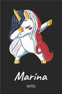 Marina - Notes: Noms Personnalisé Carnet de notes / Journal pour les filles et les femmes. Licorne qui dab aux cheveux aux couleurs du drapeau français. Accessoires