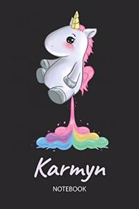 Karmyn - Notebook: Blank Ruled Personalized & Customized Name Rainbow Farting Unicorn School Notebook Journal for Girls & Women. Funny Unicorn Desk Accessories for Kin