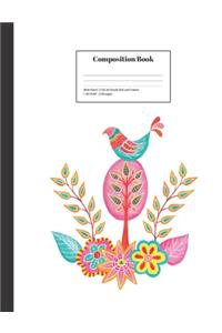 Composition Book Wide-Ruled Folk Art Doodle Bird and Flowers