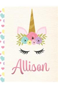 Allison: Personalized Unicorn Primary Story Journal For Girls With Pink Name - Half Ruled Dotted Midline and Blank Picture Space - Kindergarten to Early Chil