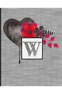 W: Monogram Initial Letter "W" Lined Journal - Black Heart Gray with Gothic Floral Design