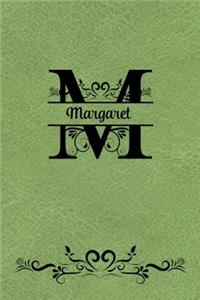 Split Letter Personalized Journal - Margaret: Elegant Flourish Capital Letter on Spring Green Leather Look Background