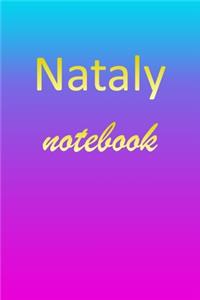 Nataly: Blank Notebook - Wide Ruled Lined Paper Notepad - Writing Pad Practice Journal - Custom Personalized First Name Initial N Blue Purple Gold - Taking 