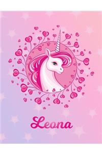 Leona: Unicorn Large Blank Primary Handwriting Learn to Write Practice Paper for Girls - Pink Purple Magical Horse Personalized Letter L Initial Custom Fir