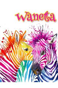 Wanetta: Rainbow Zebras, Personalized Journal, Diary, Notebook, 105 Lined Pages, Christmas, Birthday, Friendship Gifts for Girls, Teens and Women, Book Size 8 1/2 X 11