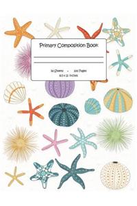 Primary Composition Book: Story Paper Notebook-Journal for K-2 (Space on Top for Drawing & Dotted Midlines Below, 100 Pages, 8.5x11 Inches, Sea Shells, Coral, Starfish Design)