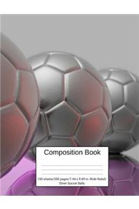 Composition Book 100 Sheets/200 Pages/7.44 X 9.69 In. Wide Ruled/ Silver Soccer Balls