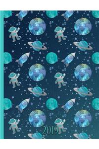 Astronauts in Space with Earth, Uranus, the Moon, and Rocketships