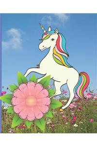 Pink Flowers Cute Rainbow Unicorn Cover Girl Composition Wide-ruled blank line School Notebooks