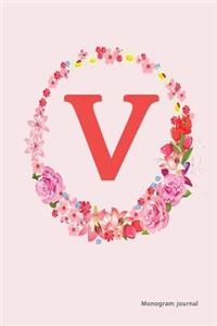 Monogram Journal - Initial V (Pink Flower)