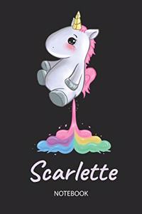 Scarlette - Notebook: Blank Lined Personalized & Customized Name Rainbow Farting Unicorn School Notebook / Journal for Girls & Women. Funny Unicorn Desk Accessories for K