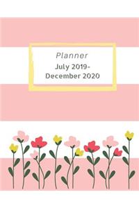 Planner July 2019-December 2020: 18-Month Weekly and Monthly Planner with Pink and White Striped Background and Multi-Colored Flowers