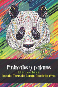 Animales y pájaros - Libro de colorear - Impala, Marmota, Conejo, Cocodrilo, otros