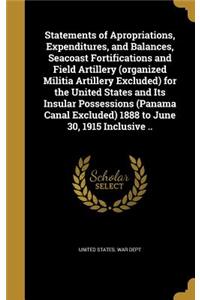 Statements of Apropriations, Expenditures, and Balances, Seacoast Fortifications and Field Artillery (organized Militia Artillery Excluded) for the United States and Its Insular Possessions (Panama Canal Excluded) 1888 to June 30, 1915 Inclusive ..