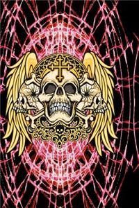 Gothic Notizbuch gelbe Schädel auf rotem Glasbruch