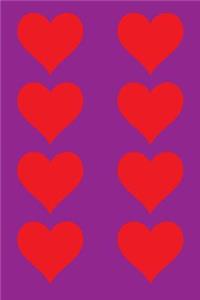 100 Page Unlined Notebook - Red Hearts on Purple