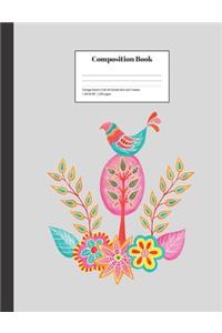 Composition Book College-Ruled Folk Art Doodle Bird and Flowers