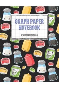 Graph Paper Notebook 1/2 Inch Squares: Kawaii Condiment Themed 0.50" Square Quad Ruled, 120 Pages, 8.5" x 11" Non-perforated Graphing Notebook