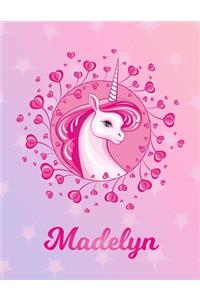 Madelyn: Unicorn Large Blank Primary Sketchbook Paper - Pink Purple Magical Horse Personalized Letter M Initial Custom First Name Cover - Drawing Sketch Book