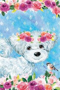 Bullet Journal Notebook for Dog Lovers White Fluffy Puppy in Flowers 4