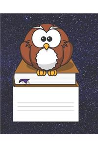 Cute Brown Owl on a Book in the Night Sky Composition Blank Line School Notebook