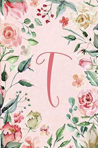 Notebook 6"x9" - Initial T - Pink Green Floral Design