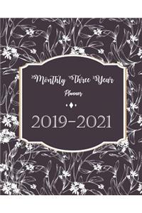 Monthly Three Year Planner 2019-2021: Black Florals Cover for Monthly Schedule Organizer 36 Months Calendar Agenda Planner with Holiday 8" X 10"